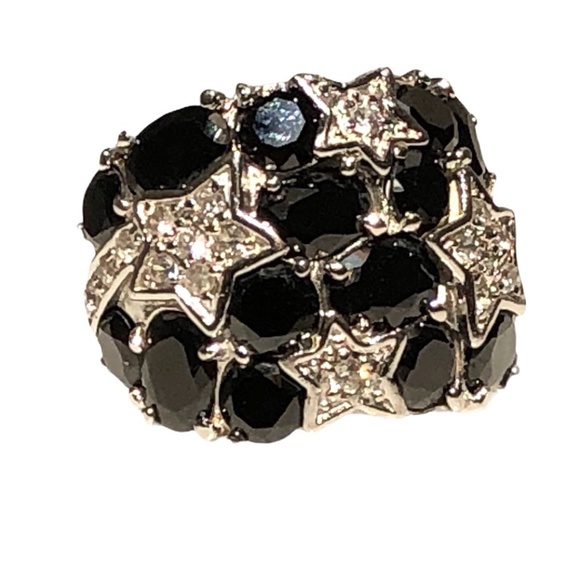 STERLING SILVER BLACK & CLEAR CRYSTALS NIGHT SKY WITH STARS COCKTAIL RING SIZE 7 - Picture 9 of 16
